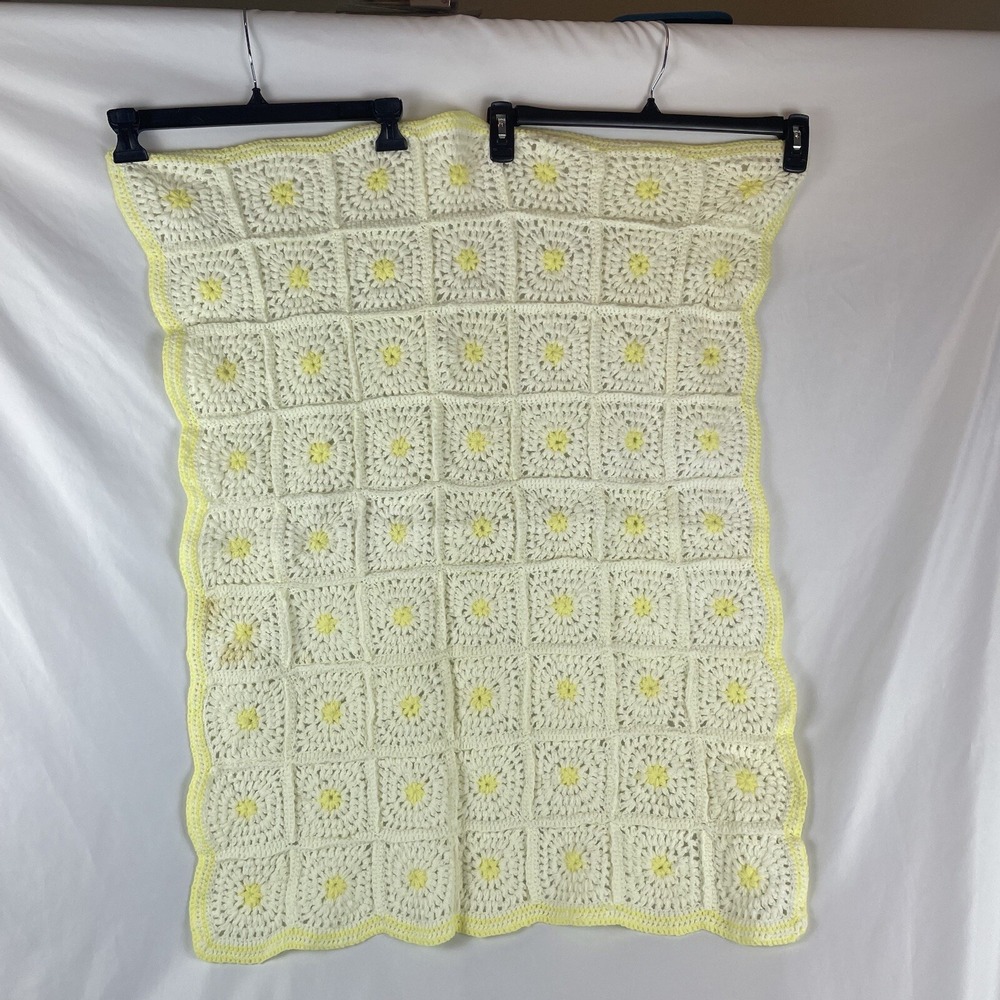 Vintage White Yellow Floral Granny Square Afghan Baby Blanket 33x24 Cottagecore